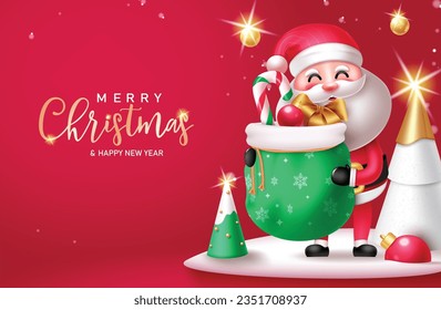 Christmas santa claus character vector design. Merry christmas and happy new year text with santa claus character holding gift sack elements decoration. Vector illustration winter season xmas