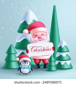 Christmas santa claus character vector design. Santa claus holding merry christmas greeting in white board elements with cute penguin characters and green pine tree decoration in snow winter 