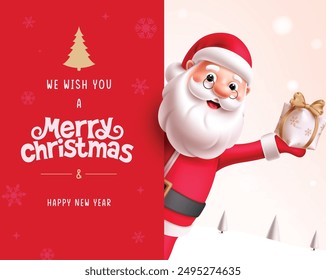 Christmas santa claus character vector template design. Merry christmas and happy new year greeting text in red board with santa claus character holding git box xmas elements. Vector illustration 