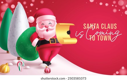 Christmas santa claus character vector design. Santa claus is coming to town greeting text holding gift sack and wish list elements in snow winter background. Vector illustration holiday season 