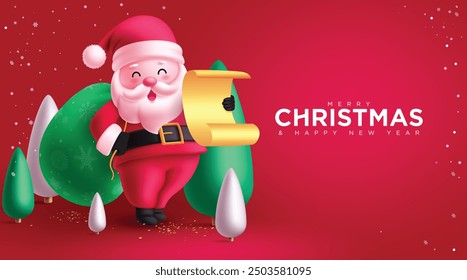 Christmas santa claus character vector design. Merry christmas and happy new year greeting text with gift sack and wish list decoration elements in red background. Vector illustration holiday season 