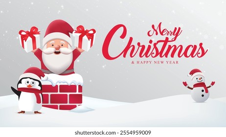 Christmas santa claus character vector design. Merry Christmas and happy new year greeting text with Santa, penguin and snowman characters inside the chimney in snow winter background. Vector