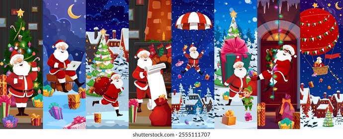 Christmas Santa Claus characters collage embodying Xmas spirit, magic vibe and joy of holiday season. Cartoon vector scenes with funny father Noel with gifts, parachute, wish list and hot air balloon