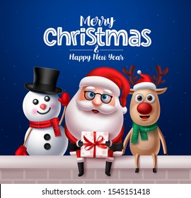 Christmas santa claus characters greeting card design. Santa claus, reindeer and snowman vector characters sitting outside holding gifts with merry christmas text in blue night background. 