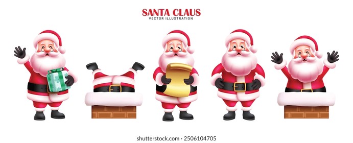 Christmas santa claus characters set vector design. Santa claus funny pose in chimney, friendly waving, standing, reading letter and holding gift box elements in isolated snow winter white background.