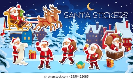 Christmas Santa claus characters stickers pack. Cartoon vector patches with festive father Noel personage with gifts bag, wish list scroll, jingle bell and reindeer sleigh, bringing holiday spirit