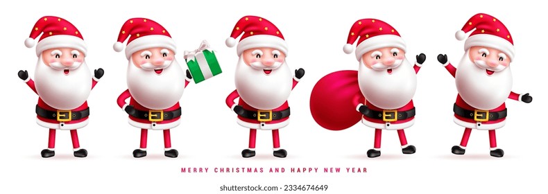 Christmas santa claus characters vector design. Santa claus cute mascot character holding gift box and red sack for holiday surprise elements. Vector illustration santa claus costume collection.