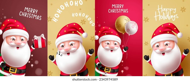 Juego de afiches vectoriales de los personajes navideños santa claus. Colección de bienvenida de navidad con personaje santa claus. Ilustración vectorial diseño de postales de temporada navideña. 
