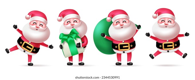 Weihnachten-Weihnachtsclaus-Figuren, Vektorgrafik-Design. Weihnachtsmann für Weihnachtscharakter im Stehen, im Besitz von Geschenken und Springer Posenkollektion. Vektorgrafik-Maskottensammlung Santa.
