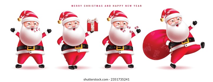 Christmas santa claus characters vector set design. Santa claus character happy smiling mascot holding xmas gift sack isolated in white background. Vector illustration holiday season santa claus 