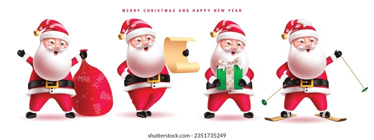 Christmas santa claus characters vector set design. Santa claus character in standing pose, skating, reading wish list and holding gift box isolated in white. Vector illustration santa claus character