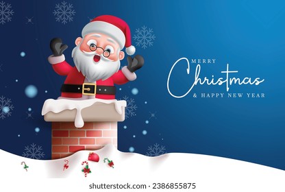 Christmas santa claus characters vector design. Merry christmas greeting card with santa claus character in roof top chimney concept for winter season background. Vector illustration holiday 