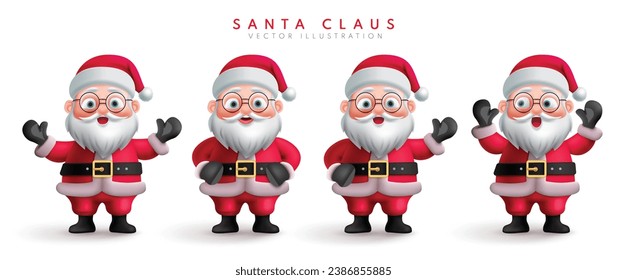 Juego de vectores de caracteres de navidad santa claus. Navidad santa claus personaje en pie, saludando, linda y sonriente colección de dibujos animados de mascota. Ilustración vectorial santa claus colección de caracteres. 
