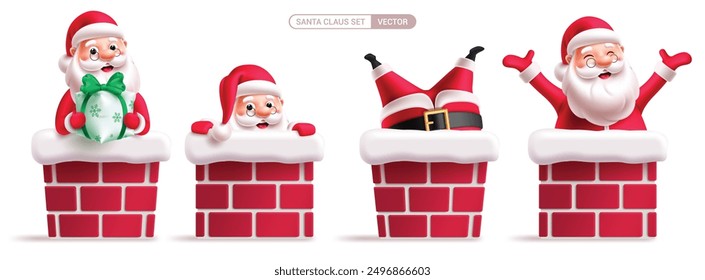 Christmas santa Claus characters vector set design. Santa claus character holding gift box, waving, smiling and happy inside the chimney collection. Vector illustration funny mascot collection. 
