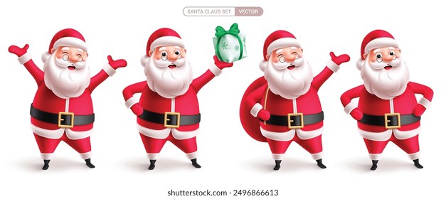 Christmas santa claus characters vector set design. Santa claus cute mascot character holding gift box and red sack elements in smiling and standing pose. Vector illustration seasonal costume 