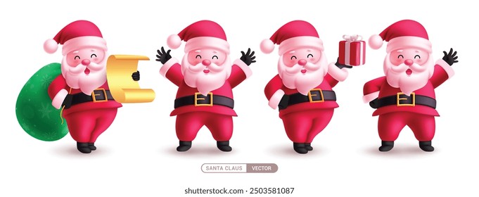 Christmas santa claus characters vector set design. Santa claus character in standing pose, holding gift sack and wish list cute costume collection elements isolated in white background. Vector 