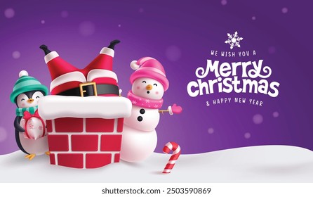 Christmas santa claus characters vector design. Merry chirstmas greeting text with santa claus inside the chimney roof top. penguin holding gift box and waving snowman characters in purple snow winter