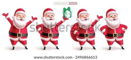 Christmas santa claus characters vector set design. Santa claus cute mascot character holding gift box and red sack elements in smiling and standing pose. Vector illustration seasonal costume 