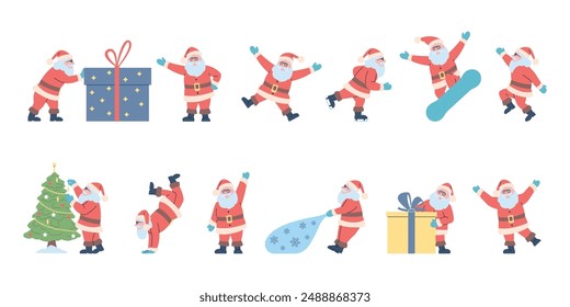 Christmas santa claus characters. Winter holidays character jumping skiing tree decorating standing with giant gift box. New year party recent vector set