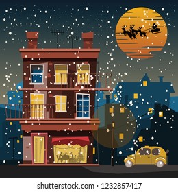 Christmas and Santa Claus in city at night vector illustration