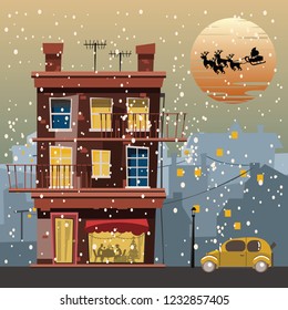Christmas and Santa Claus in city vector illustration