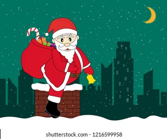 Christmas santa claus is climbing the chimney.