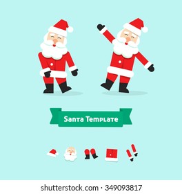 Christmas Santa Claus collection paper style vector illustration symbol, happy new year father, icon isolated on white background, dancing, funny dance, label, flat, xmas hat, beard, body, legs, face