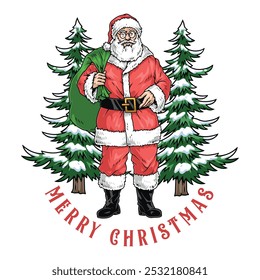 Christmas Santa Claus colorful poster with New Year wizard holding bag of gifts standing near snow-covered fir trees vector illustration