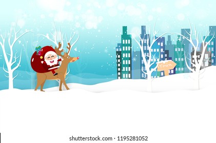Christmas, Santa Claus is coming to town, reindeer cartoon snowflakes fall, winter holiday season card banner, celebration abstract background vector illustration