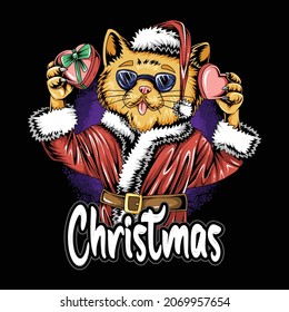 christmas santa claus cute cat wearing sunglasses and bringing christmas gifts for kids on christmas eve