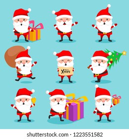 Christmas Santa Claus cute character holiday set. Funny white-bearded, red-suited, and jolly old man with presents. Vector flat style cartoon illustration isolated on light blue background
