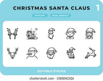 Christmas Santa Claus Dashed Outline Icons Pack for UI. Editable Stroke. Pixel perfect thin line vector icon set for web design and website application.