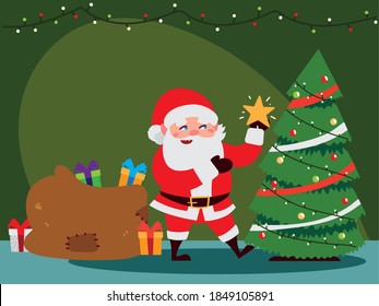 christmas santa claus decorating tree with star, gifts bag and lights vector illustration