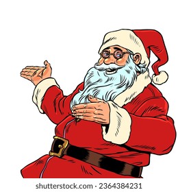 Christmas Santa Claus Direction indication from the seasonal mascot. Santa Claus shows his hands in one direction. Invitation to celebrate the New Year. Pop Art Retro Vector Illustration Kitsch