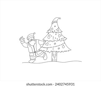 Christmas Santa Claus drawing white and black Continuous one line drawing and christmas tree line art and tree and gift vector


