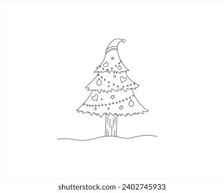 Christmas Santa Claus drawing white and black Continuous one line drawing and christmas tree line art and tree and gift vector

