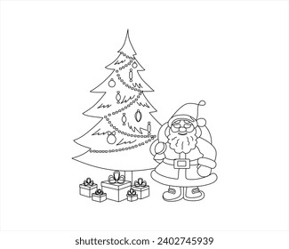 Christmas Santa Claus drawing white and black Continuous one line drawing and christmas tree line art and tree and gift vector

