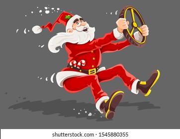 Christmas Santa Claus drives vehicle with wheel of virtual car. High-speed driving to holiday Cartoon character in red suit with beard symbol of christmas. Isolated gray. Vector illustration.