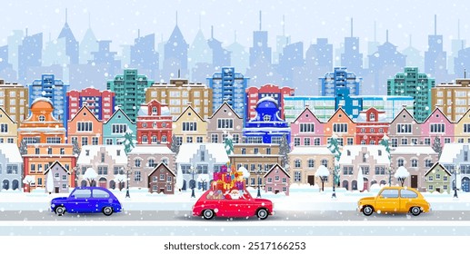 Christmas Santa Claus driving on car with giftbox on winter city street. seamless border panorama with a winter cityscape. vector illustration