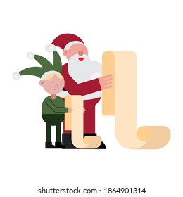 christmas santa claus and elf reading gifts list vector illustration design