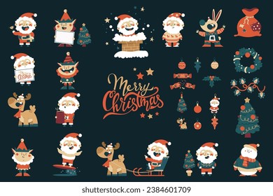 Christmas Santa Claus, elf, reindeer, tree, cracker, sleigh, gift sack, garland and mistletoe vector cartoon set isolated on background.