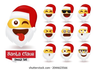 Los personajes de navidad santa claus emoji se ponen. Colección de personajes de Santa Emojis como feliz, genial, divertido y con sombrero rojo para el diseño de elementos gráficos de navidad. Ilustración vectorial.
