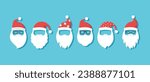 Christmas Santa Claus face with beard, hat. Hipster New Year men vector icon, winter old character set on blue background. Cartoon illustration