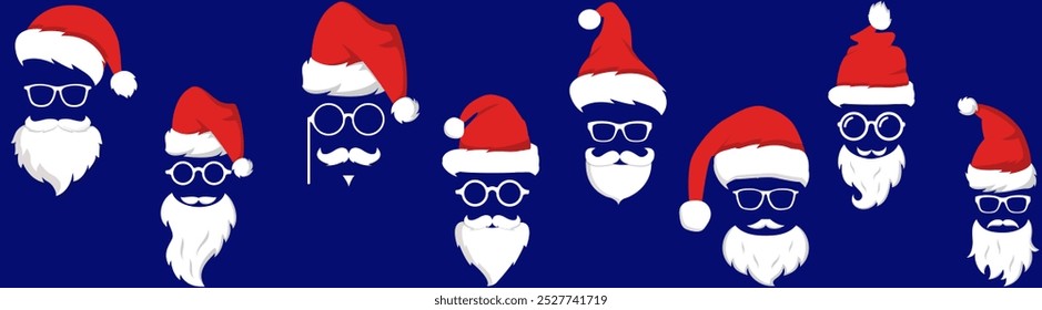 Natal Papai Noel rosto com barba, chapéu. Ícone vetorial dos homens do Ano Novo do Hipster, rosto do Papai Noel definido no fundo azul. Logotipo do chapéu Santa. Ícones do Papai Noel definidos.  Xmas bonito bg. bonito ilustração vetor