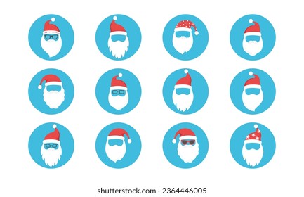 Christmas Santa Claus face vector icon with beard, hat. Hipster New Year men, winter old character set. Cartoon illustration