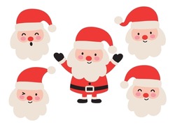 Christmas Santa Claus Faces And Full Body Vector Illustration.