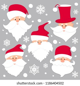 Christmas Santa Claus faces in red caps . Old men in red hat with white beard and mustache .Funny characters. Holiday season icons set. Flat paper cut style vector illustration