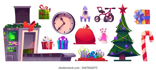 Christmas Santa Claus factory elements. Creation kit of xmas workshop with children toys and wrapped gift boxes, manufacturing automated conveyor belt and bag with presents, decorated tree and clock.