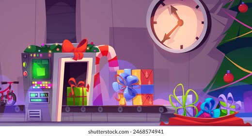 Christmas Santa Claus factory with wrapping gift boxes process on manufacturing automated conveyor belt and bag with presents, decorated tree and clock. Cartoon vector xmas holiday workshop.