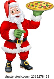 A Christmas Santa Claus father Christmas cartoon food chef holding a silver platter tray with a pizza